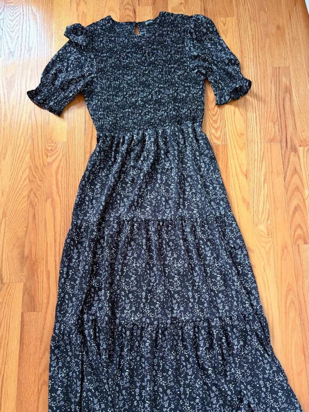 Black Floral Maxi Dress with Smocked Bodice